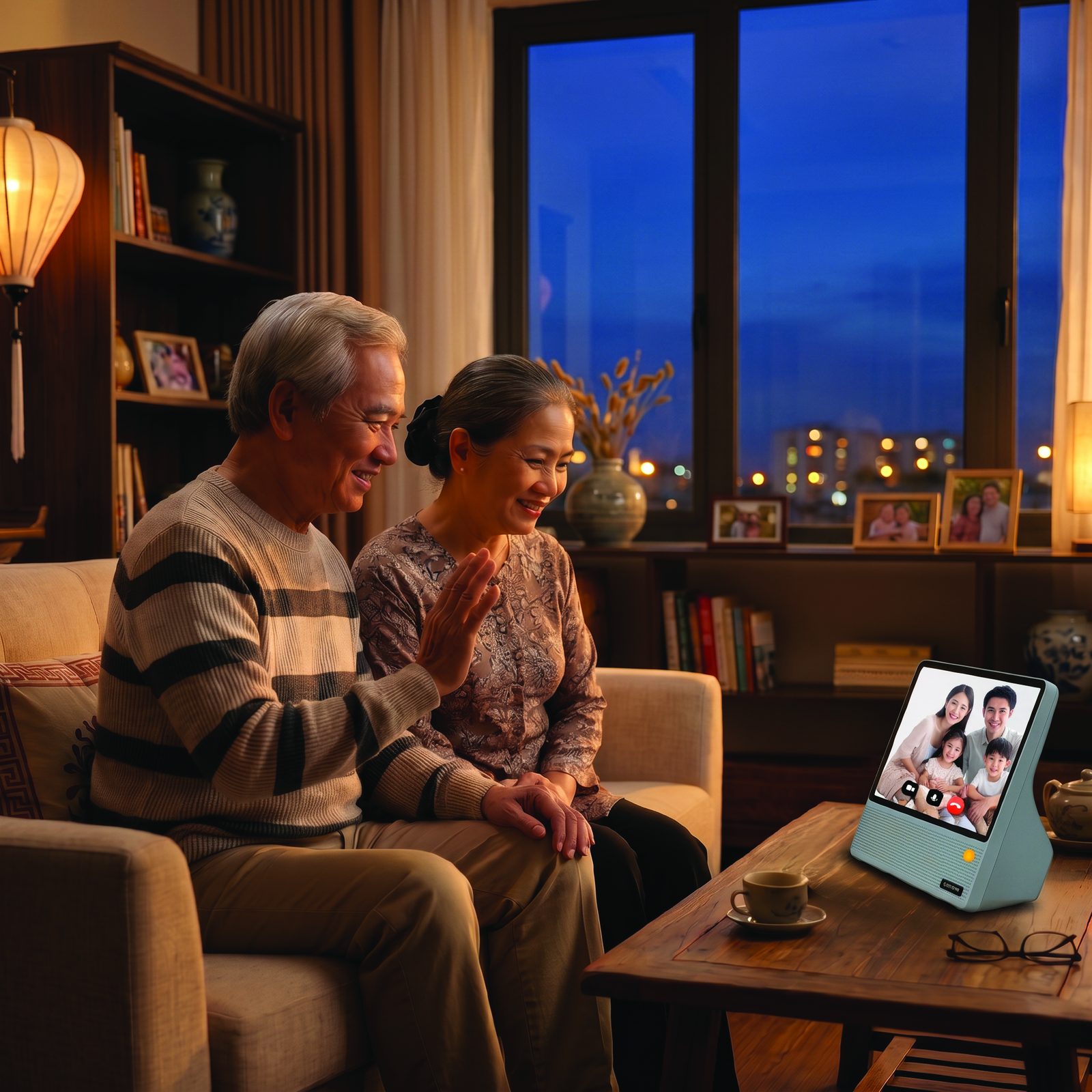Ông bà ngồi trong phòng khách, vẫy tay chào con cháu qua màn hình Meup Home H9